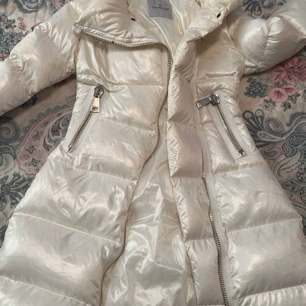 Moncler Joinville Asymmetrical Puffer Down Jacket, long, size 2, women’s, ivory